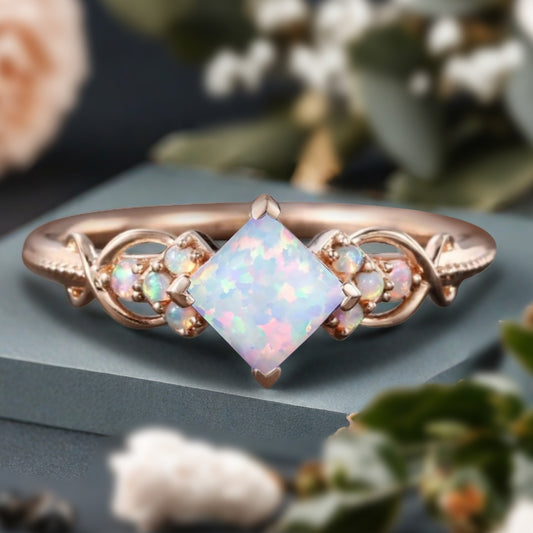 Princess Cut opal engagement ring Rose gold opal wedding ring Dainty diamond bridal ring Twist promise ring Marriage ring Anniversary ring
