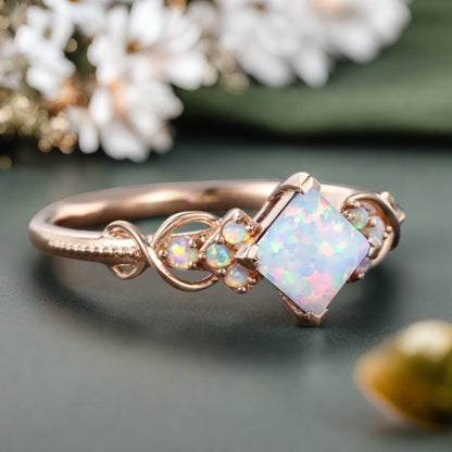 Princess Cut opal engagement ring Rose gold opal wedding ring Dainty diamond bridal ring Twist promise ring Marriage ring Anniversary ring