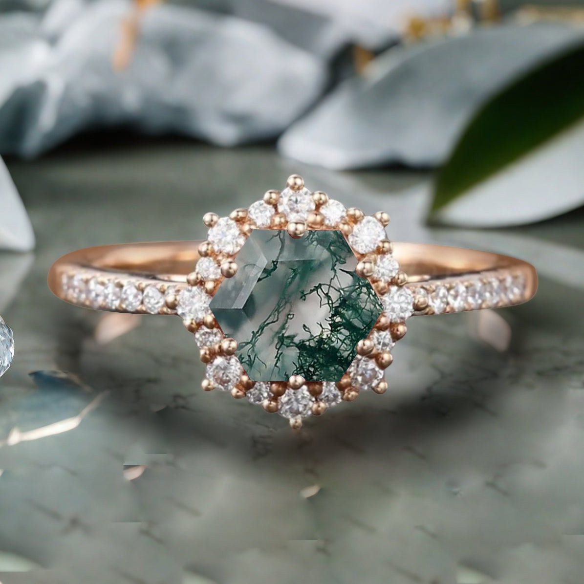 Unique Hexagon Cut Green Agate Engagement Ring Vintage Moss Agate Wedding Bridal Ring Art Deco Green Agate Gemstone Ring Anniversary Gift