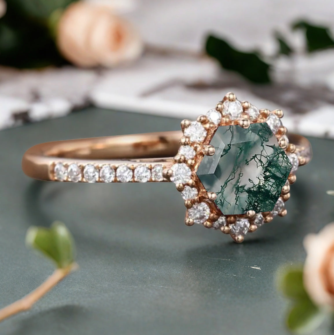 Unique Hexagon Cut Green Agate Engagement Ring Vintage Moss Agate Wedding Bridal Ring Art Deco Green Agate Gemstone Ring Anniversary Gift