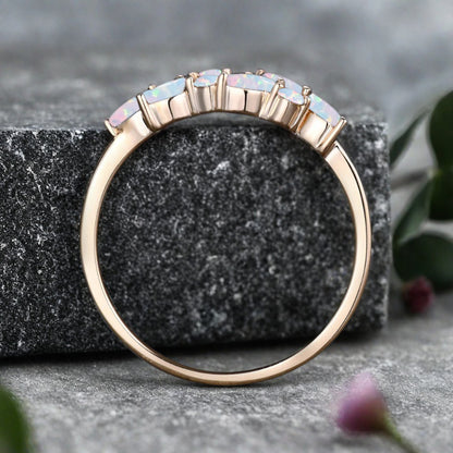 Unique Opal Wedding Band Delicate Marquise Cut Opal Gemstone Matching Band Vintage Promise Ring