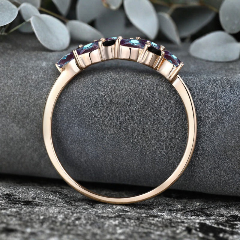 Unique Alexandrite Wedding Band Delicate Marquise Cut Alexandrite Gemstone Matching Band Vintage Black Onyx Stacking Promise Ring