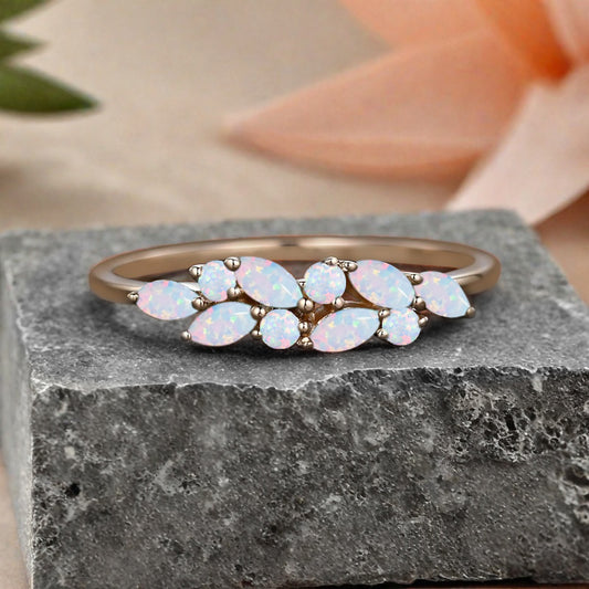 Unique Opal Wedding Band Delicate Marquise Cut Opal Gemstone Matching Band Vintage Promise Ring