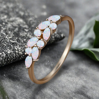Unique Opal Wedding Band Delicate Marquise Cut Opal Gemstone Matching Band Vintage Promise Ring