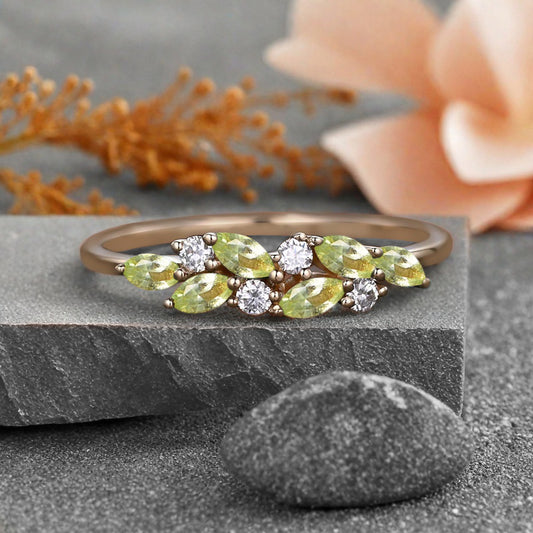 Unique Peridot Wedding Band Delicate Marquise Cut Moissanite Matching Band Vintage Crystal Stacking Promise Ring