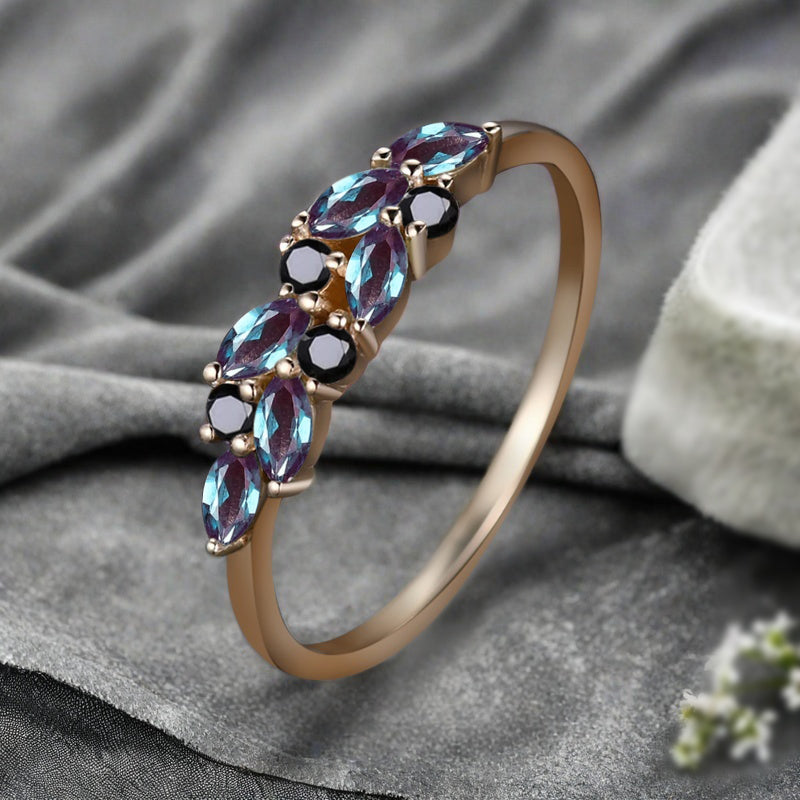 Unique Alexandrite Wedding Band Delicate Marquise Cut Alexandrite Gemstone Matching Band Vintage Black Onyx Stacking Promise Ring