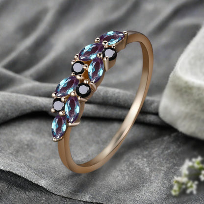 Unique Alexandrite Wedding Band Delicate Marquise Cut Alexandrite Gemstone Matching Band Vintage Black Onyx Stacking Promise Ring