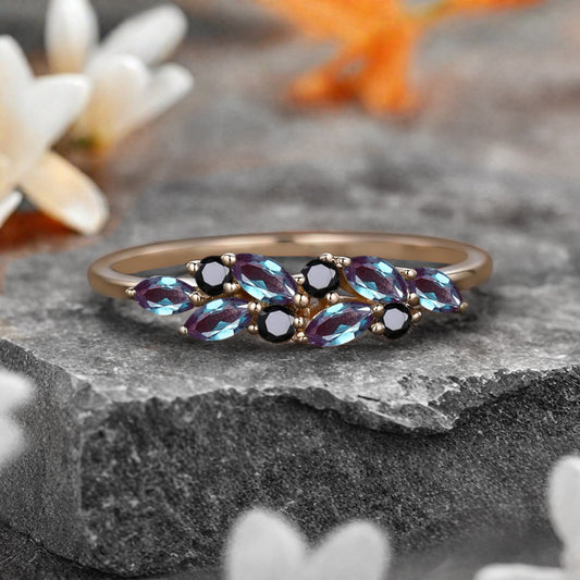 Unique Alexandrite Wedding Band Delicate Marquise Cut Alexandrite Gemstone Matching Band Vintage Black Onyx Stacking Promise Ring