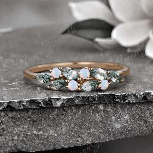 Unique Moss Agate Wedding Band Delicate Marquise Cut Moss Agate Matching Band Vintage Opal Stacking Promise Ring