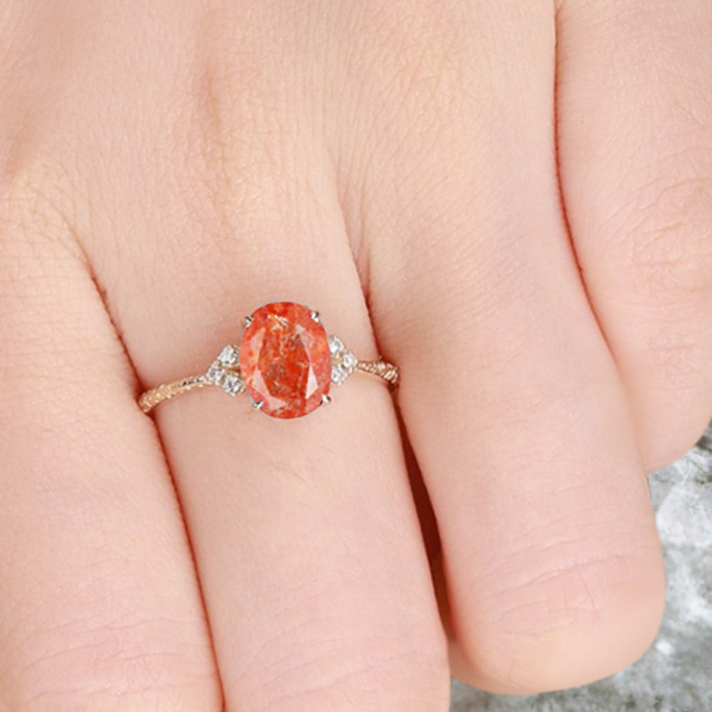 Vintage Unique Sunstone Engagement Ring Solid 14K Gold Orange Sunstone Ring July Birthstone Ring Delicate Sunstone Ring Handmade Bridal Jewelry