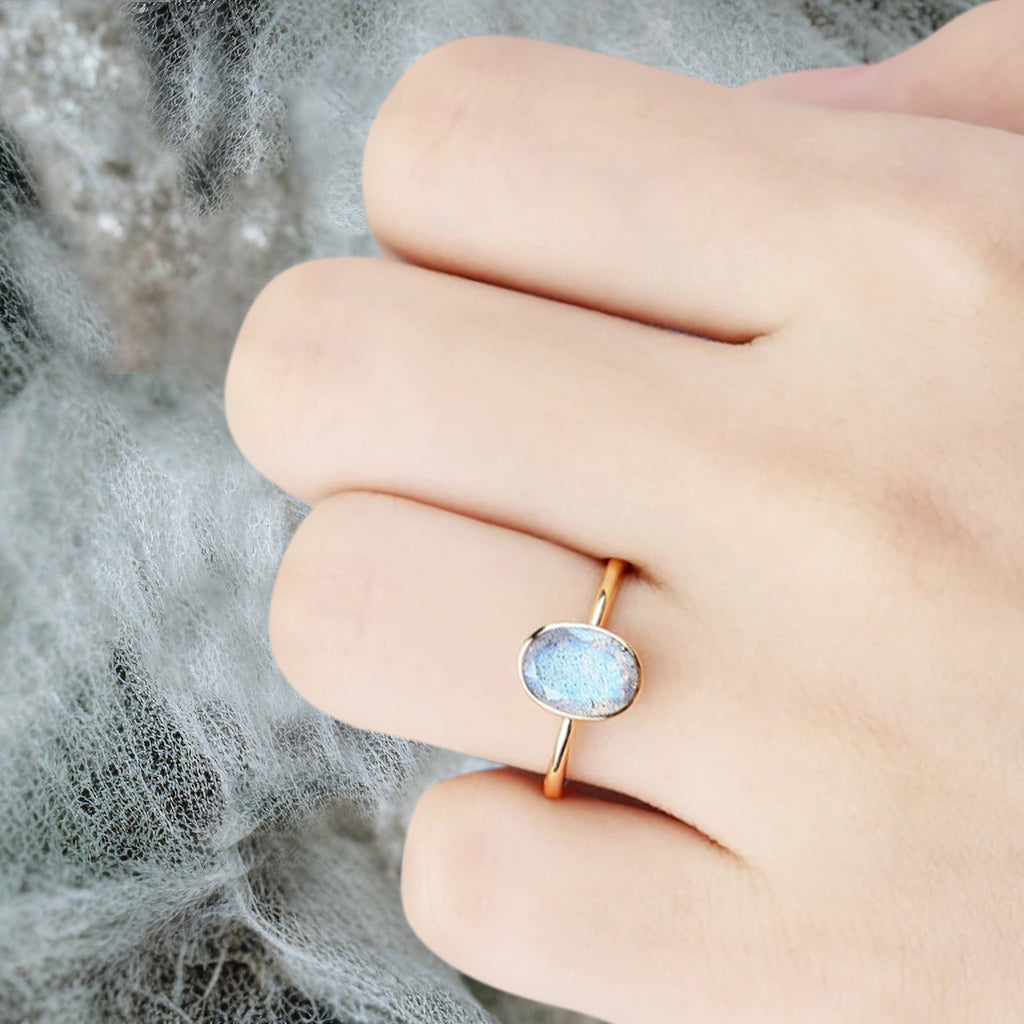 Unique Vintage Oval Cut Natural Labradorite Ring Solitaire Engagement Ring Art Deco Labradorite Ring Handmade Rose Gold Bridal Promise Ring