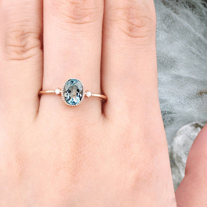 Vintage Unique Aquamarine Engagement Ring Solid 10K Gold Aquamarine Ring Delicate Aquamarine Gemstone Ring Handmade Bridal Jewelry