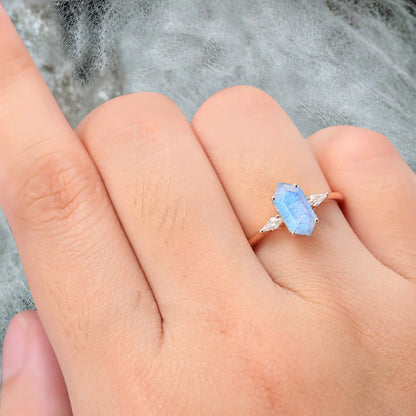 Vintage Hexagon Cut Labradorite Ring Moissanite Engagement Ring Unique Promise Bridal Ring