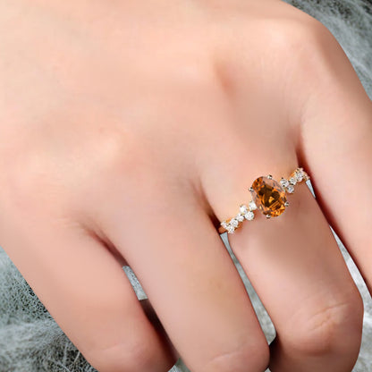 Unique Citrine Ring 14K Solid Gold Vintage Oval Orange Citrine Engagement Ring Art Deco Moissanite Promise Ring Anniversary Gift For Women