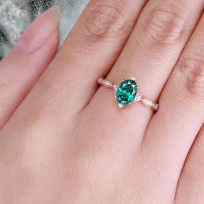 Emerald Ring Dainty Ring Oval Cut Emerald Engagement Ring Art Deco June Birthstone Ring Promise Ring Gift For Her
