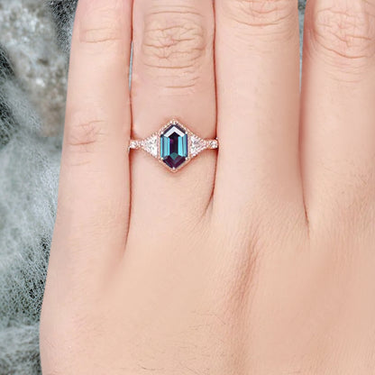 Hexagon Cut Natural Alexandrite Ring Art Deco Alexandrite Rose Gold Covered Ring Handmade Rose Gold Bridal Promise Ring