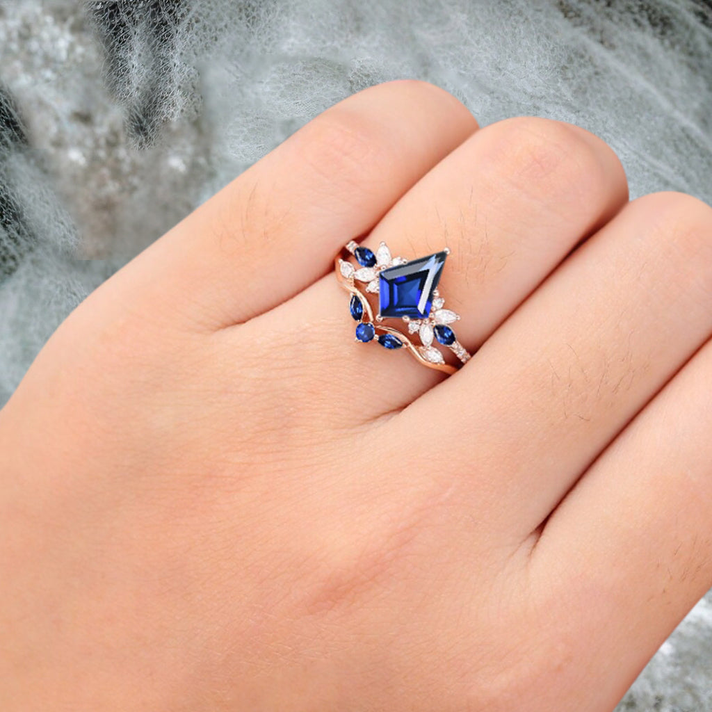 Vintage Kite Shape Blue Topaz Engagement Ring Set Unique Blue Topaz Gemstone Promise Bridal Ring Set Anniversary Gift