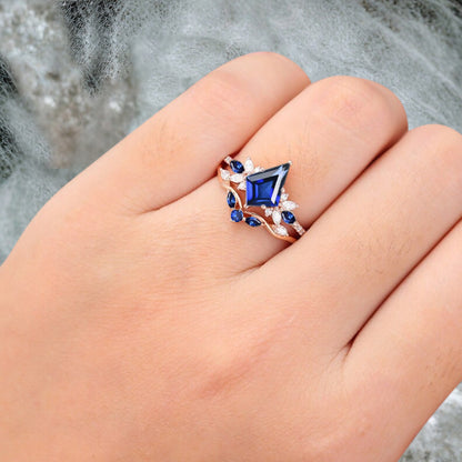 Vintage Kite Shape Blue Topaz Engagement Ring Set Unique Blue Topaz Gemstone Promise Bridal Ring Set Anniversary Gift