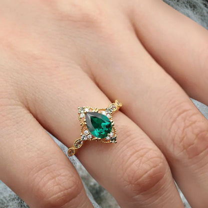 Vintage Emerald Engagement Ring Pear Shape Deep-Green Gemstone Anniversary Ring Solid Gold Solitaire Unique Emerald Ring for Women