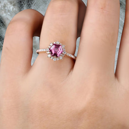 Unique Hexagon Cut Pink Agate Engagement Ring Vintage Pink Sapphire Wedding Bridal Ring Art Deco Pink Agate Gemstone Ring Anniversary Gift