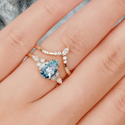 6*8mm Pear shaped Aquamarine engagement ring set engagement ring Solid 14K Moissanite Gemstone vintage Bridal anniversary gift for women