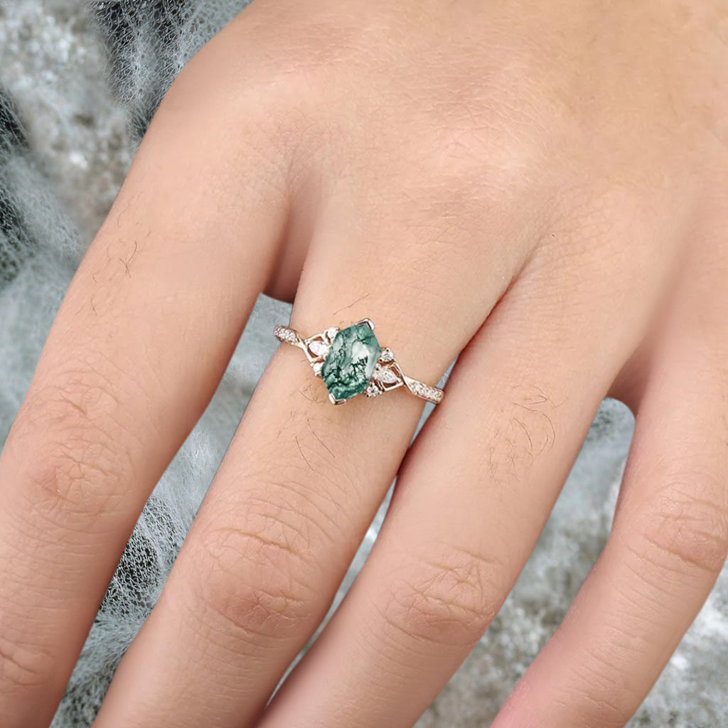 Hexagon Moss Agate Engagement Ring Moissanite Cluster Promise Ring Rose Gold Art Deco Ring Custom Handmade Bridal Ring
