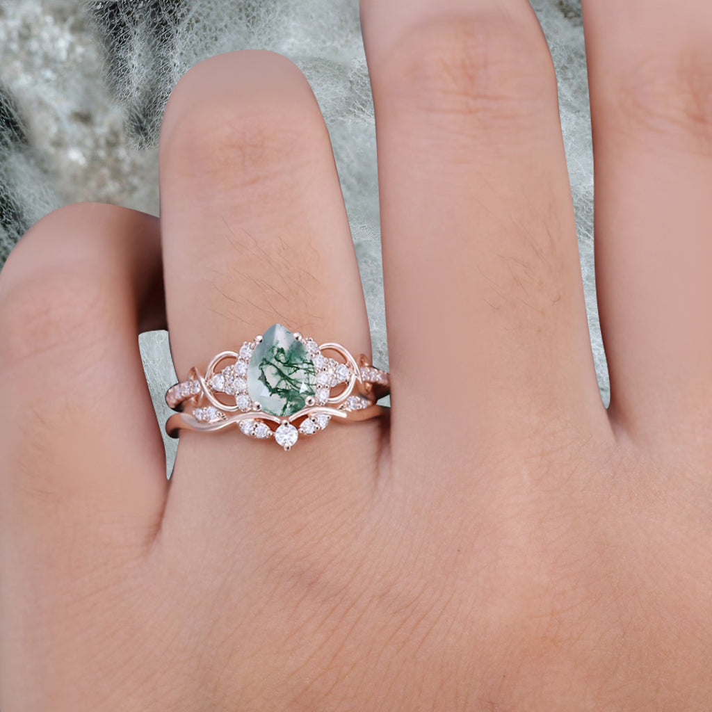 Vintage Moss Agate Ring Set Unique Pear Cut Engagement Moissanite Cluster Wedding Promise Ring Set For Women Delicate Gemstone Ring