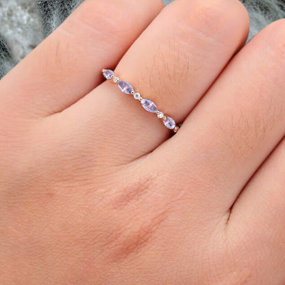 Unique Marquise Amethyst wedding band Rose gold moissanite wedding band women full eternity matching stacking ring Anniversary gift for her