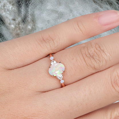Vintage Oval Shape Opal Engagement Ring Set Unique Opal Gemstone Promise Bridal Ring
