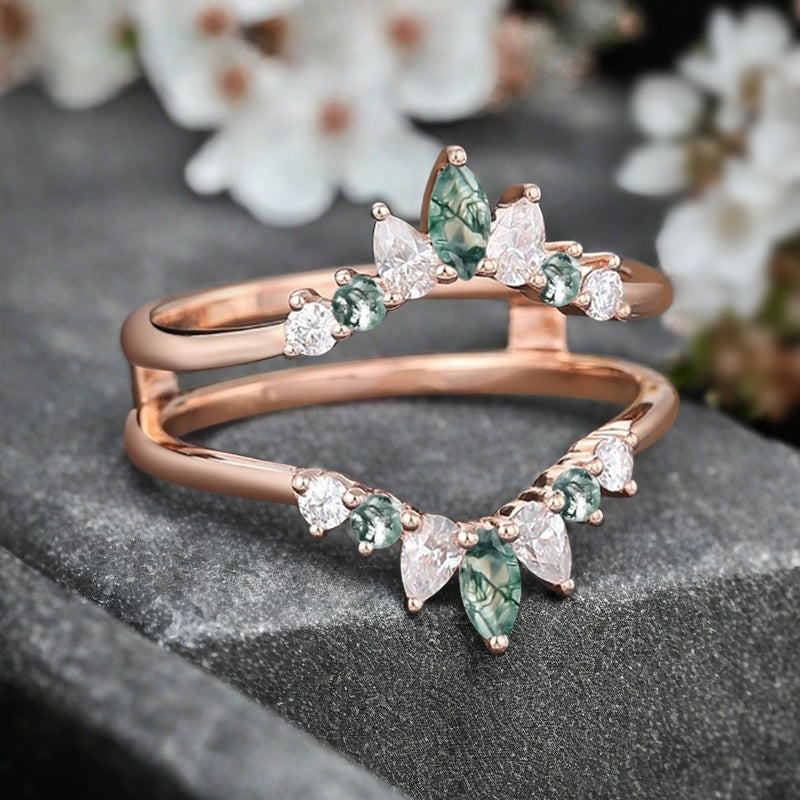 Antique Moss Agate Wedding Ring Curved Enhancer Moissanite Wedding Band Vintage Stacking Band Unique Matching Ring Promise Anniversary Gift For Her