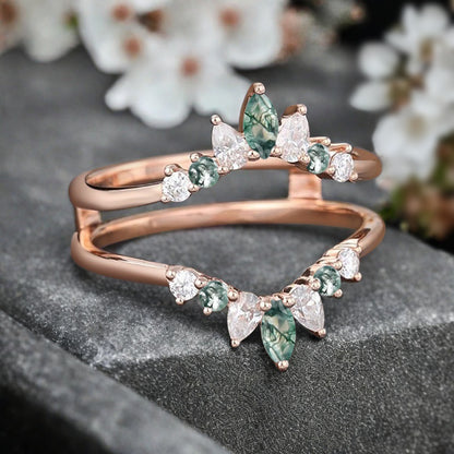 Antique Moss Agate Wedding Ring Curved Enhancer Moissanite Wedding Band Vintage Stacking Band Unique Matching Ring Promise Anniversary Gift For Her