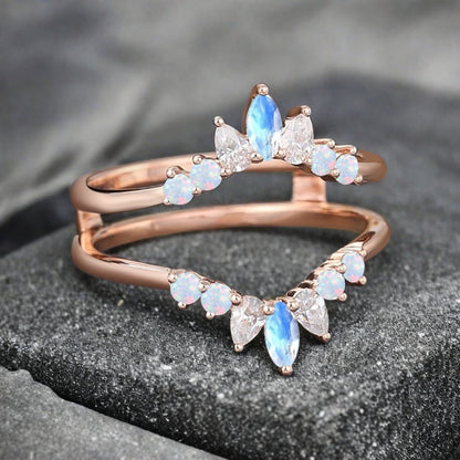 Antique Moonstone Wedding Ring Curved Enhancer Moonstone Wedding Band Vintage Stacking Band Unique Matching Ring Promise Anniversary Gift For Her