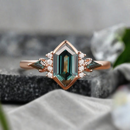 Vintage Hexagon Cut Blue Green Sapphire Engagement Ring Olivine Wedding Promise Ring