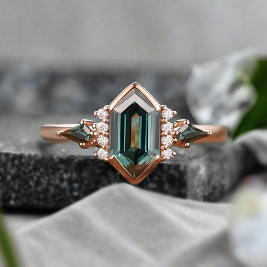Vintage Hexagon Cut Blue Green Sapphire Engagement Ring Olivine Wedding Promise Ring