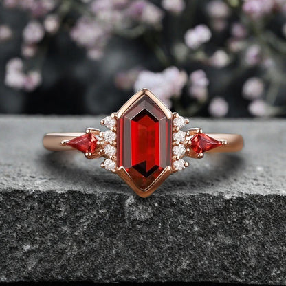 Vintage Hexagon Cut Ruby Ring Ruby Gemstone Engagement Ring Unique Ruby Promise Bridal Ring