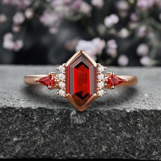 Vintage Hexagon Cut Ruby Ring Ruby Gemstone Engagement Ring Unique Ruby Promise Bridal Ring