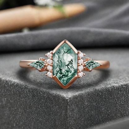 Vintage Hexagon Cut Moss Agate Ring Moissanite Gemstone Engagement Ring Unique Moss Agate Promise Bridal Ring