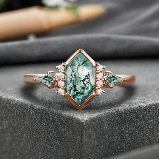 Vintage Hexagon Cut Moss Agate Ring Moissanite Gemstone Engagement Ring Unique Moss Agate Promise Bridal Ring