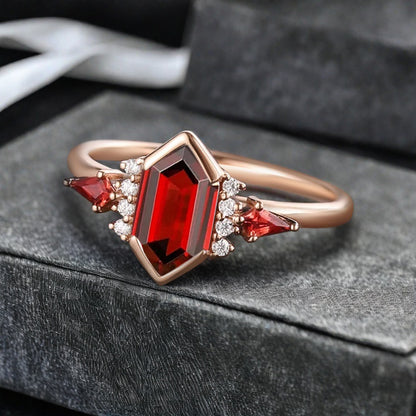 Vintage Hexagon Cut Ruby Ring Ruby Gemstone Engagement Ring Unique Ruby Promise Bridal Ring