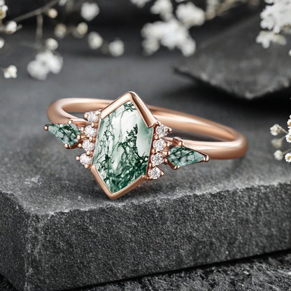 Vintage Hexagon Cut Moss Agate Ring Moissanite Gemstone Engagement Ring Unique Moss Agate Promise Bridal Ring