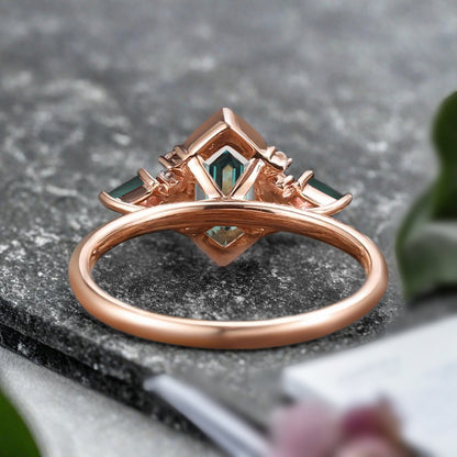 Vintage Hexagon Cut Blue Green Sapphire Engagement Ring Olivine Wedding Promise Ring