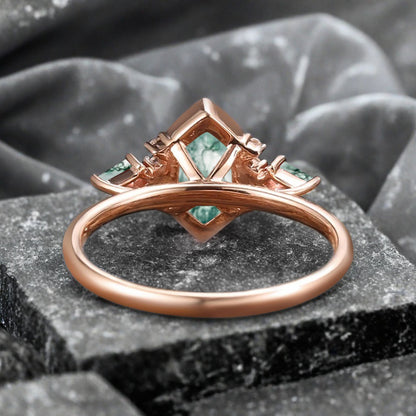 Vintage Hexagon Cut Moss Agate Ring Moissanite Gemstone Engagement Ring Unique Moss Agate Promise Bridal Ring