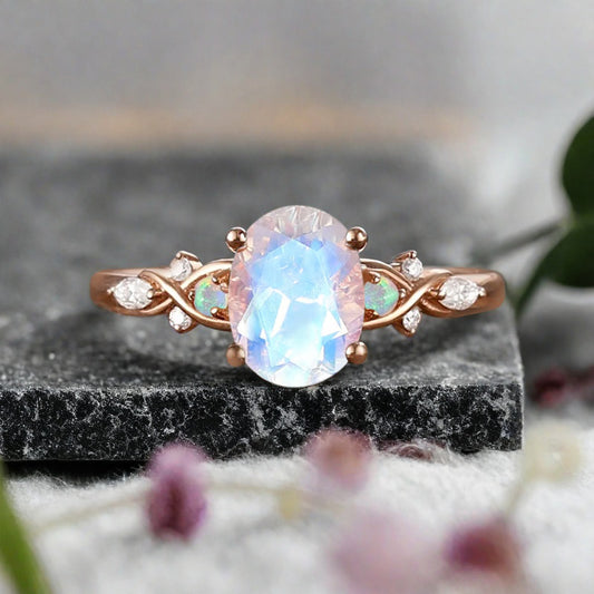 Vintage Oval Mondstein Verlobungsring Unikat Opal Moissanit Versprechensring