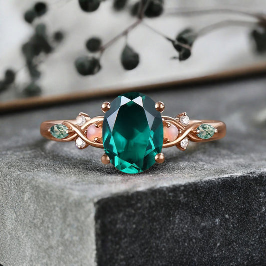 Vintage Oval Mondstein Verlobungsring Unikat Opal Moissanit Versprechensring