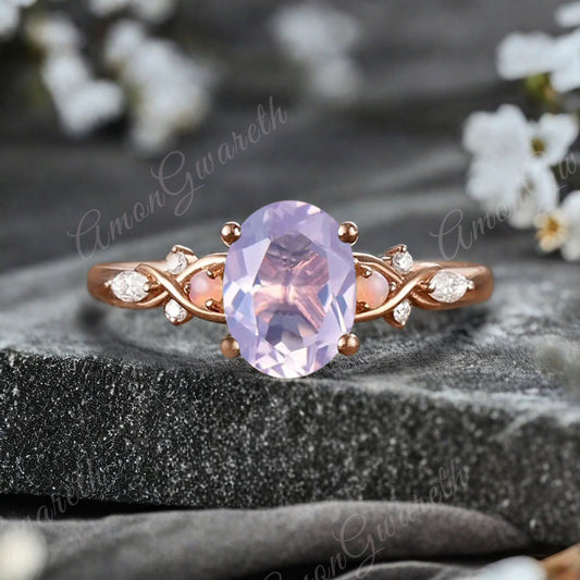 Bague de fiançailles vintage ovale en pierre de lune, bague de promesse unique en opale et moissanite