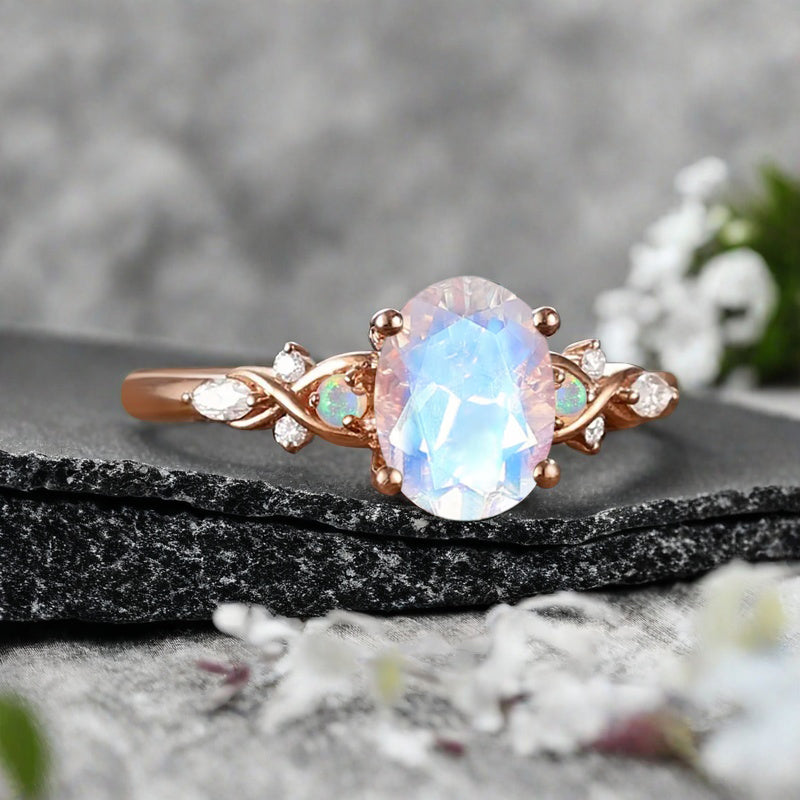 Vintage Oval Mondstein Verlobungsring Unikat Opal Moissanit Versprechensring