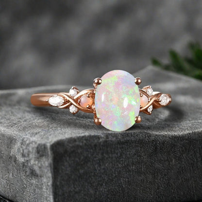 Vintage Oval Opal Engagement Ring Unique Oval Opal Promise Ring