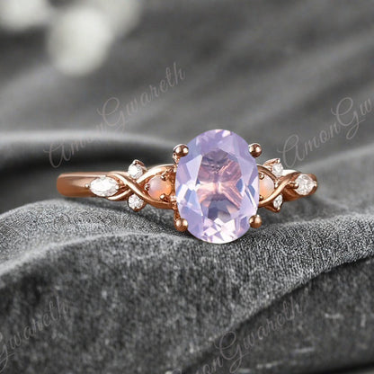 Bague de fiançailles vintage ovale en pierre de lune, bague de promesse unique en opale et moissanite