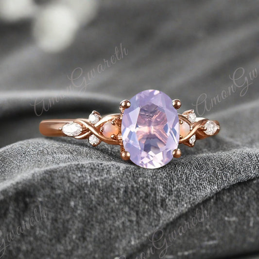 Bague de fiançailles vintage ovale en pierre de lune, bague de promesse unique en opale et moissanite