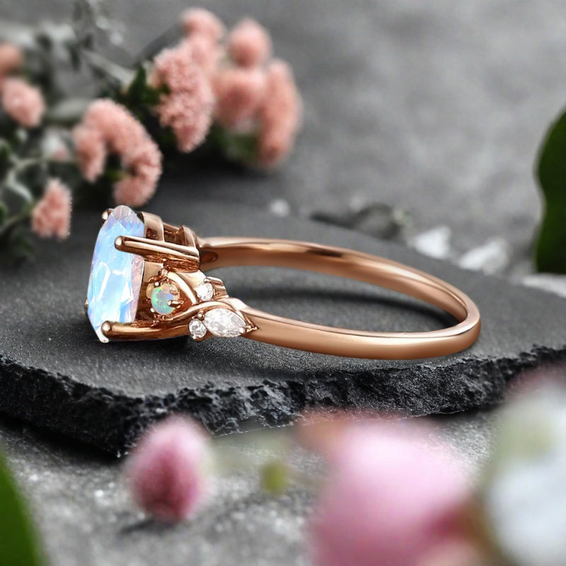 Vintage Oval Mondstein Verlobungsring Unikat Opal Moissanit Versprechensring